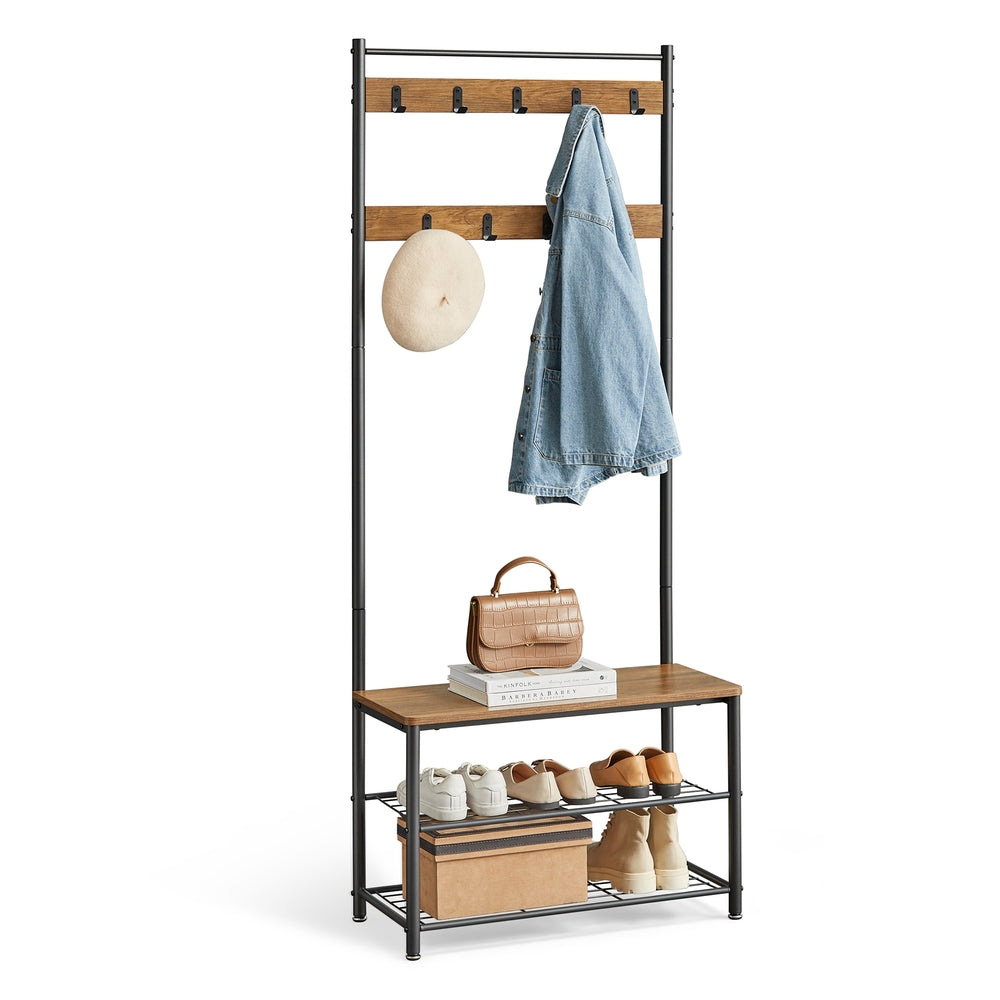 Coat Rack - Hall Tree with Shoe Storage Bench - Rustic Walnut, Black