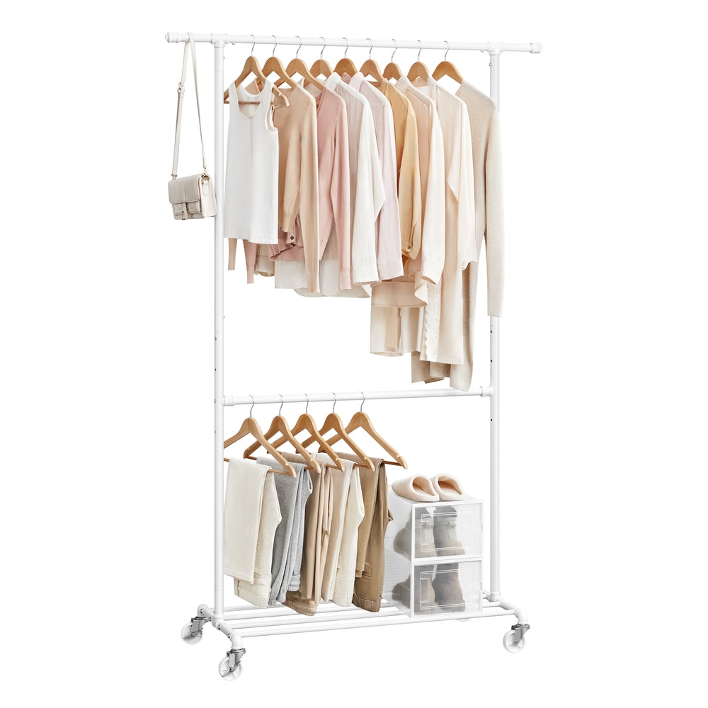 Industrial Double Rod Metal Clothing Rack on Wheels - Classic White