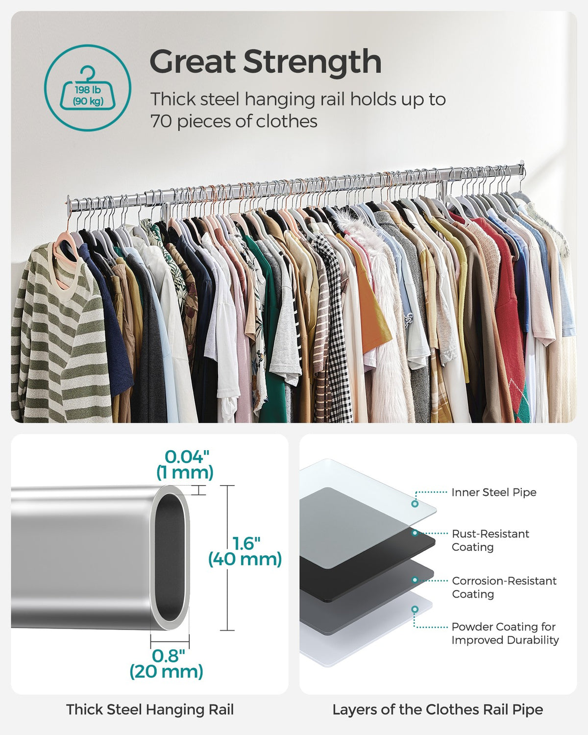 Clothes Rack - Extendable Hanging Rail - Holds 198 lb