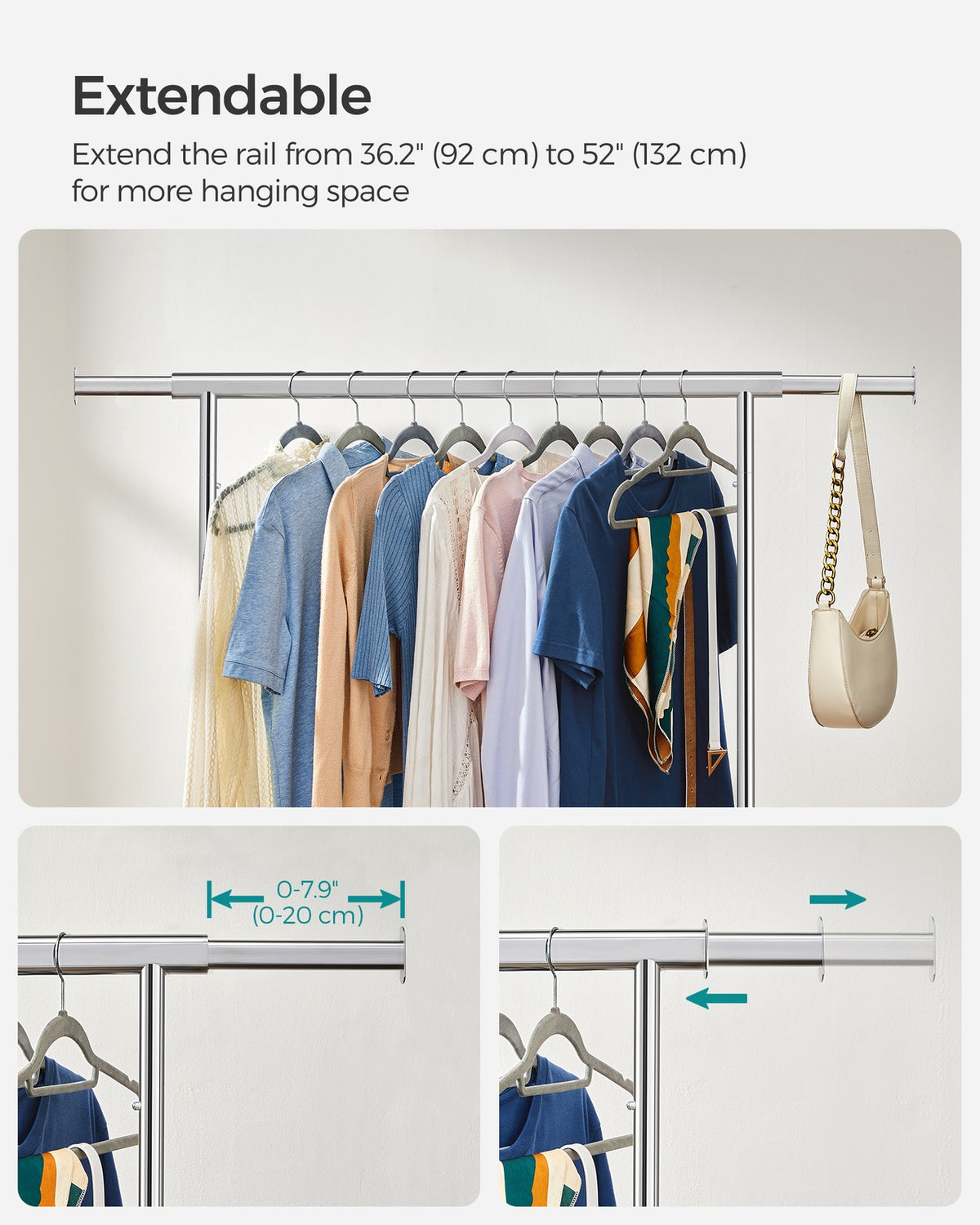 Clothes Rack - Extendable Hanging Rail - Holds 198 lb