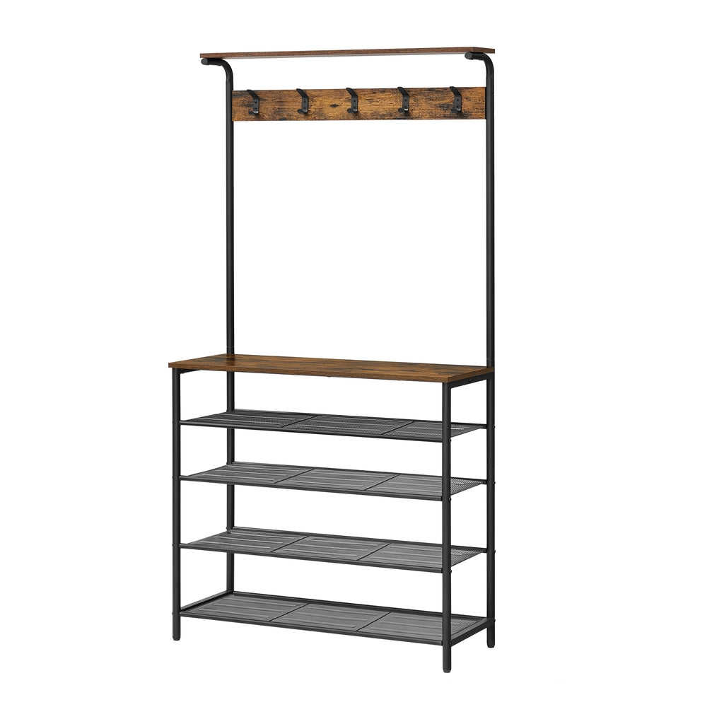 Hall Tree with Shoe Bench 5-Tier Shoe Rack 5 Dual Hooks Rustic Brown and Black - Rustic Brown, Black - 12.4”D x 31.5”W x 72.2”H