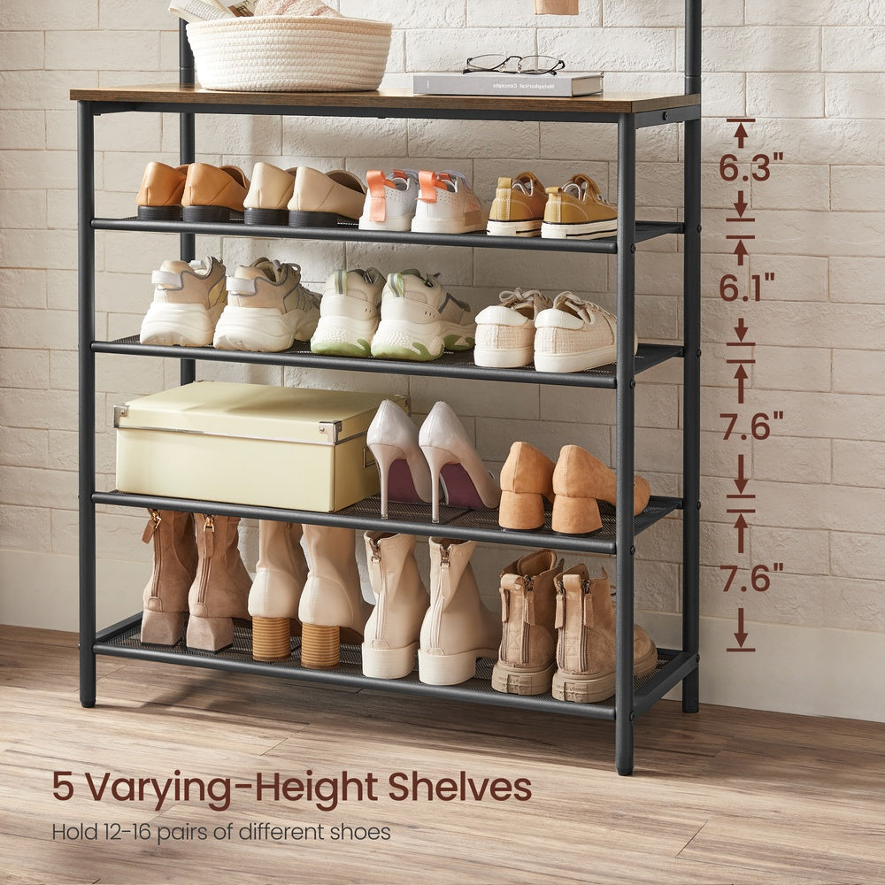 Hall Tree with Shoe Bench 5-Tier Shoe Rack 5 Dual Hooks Rustic Brown and Black - Rustic Brown, Black