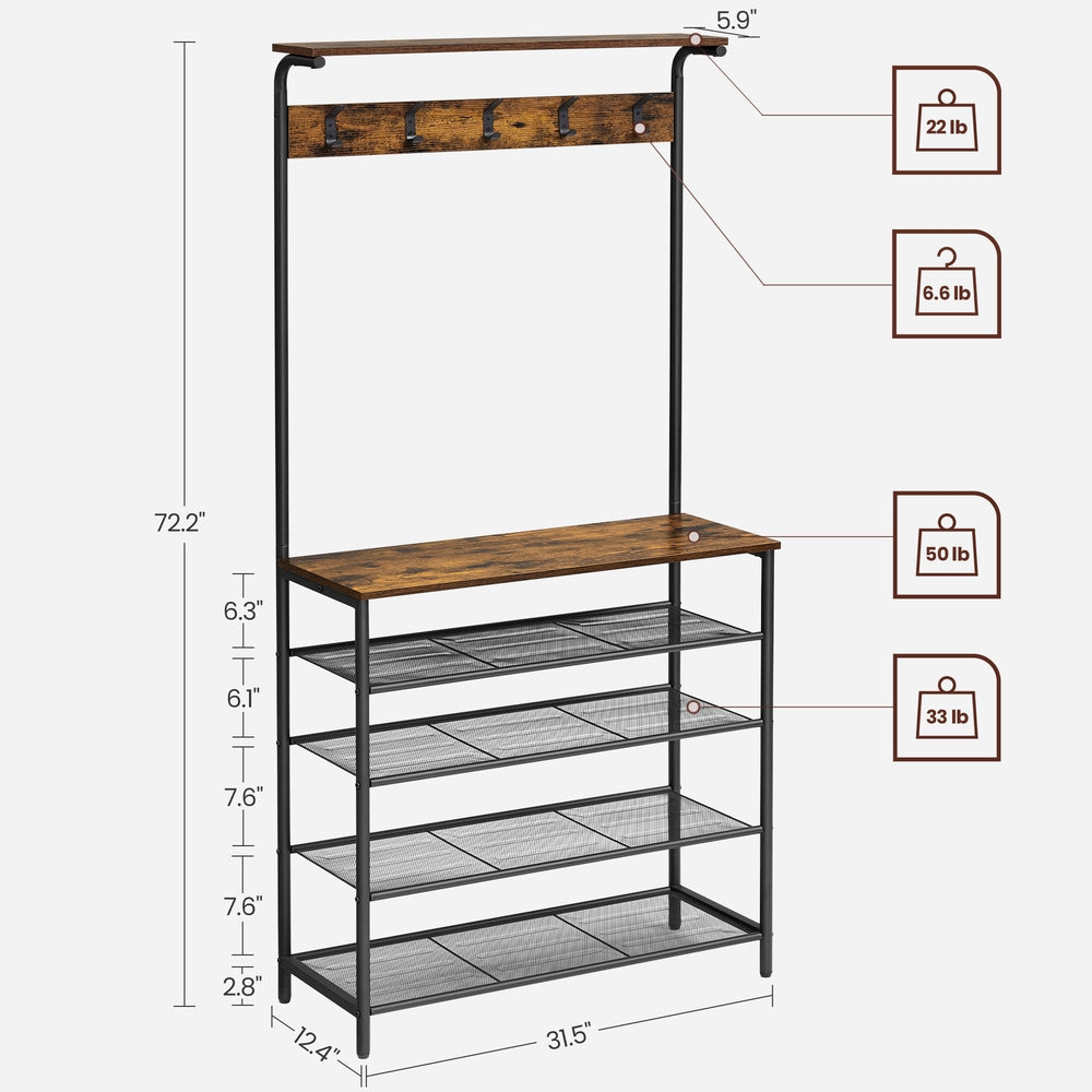 Hall Tree with Shoe Bench 5-Tier Shoe Rack 5 Dual Hooks Rustic Brown and Black - Rustic Brown, Black