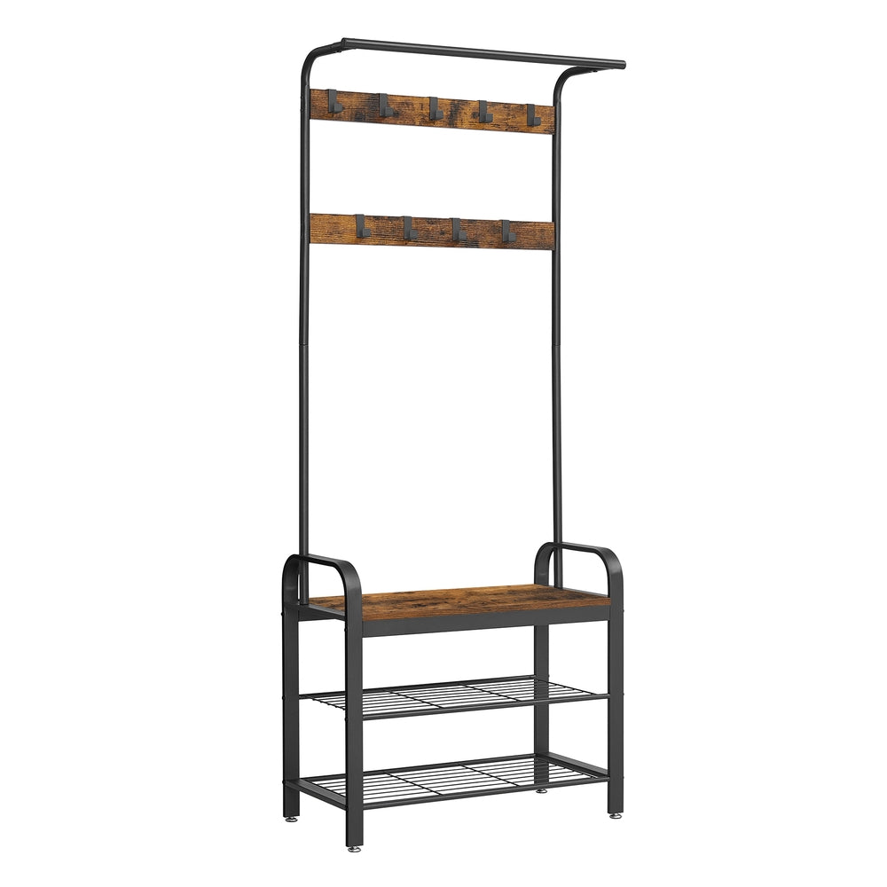 Coat Rack with Shoe Bench for Entryway - Rustic Brown, Black - 13.3"D x 28.3"W x 72.1"H