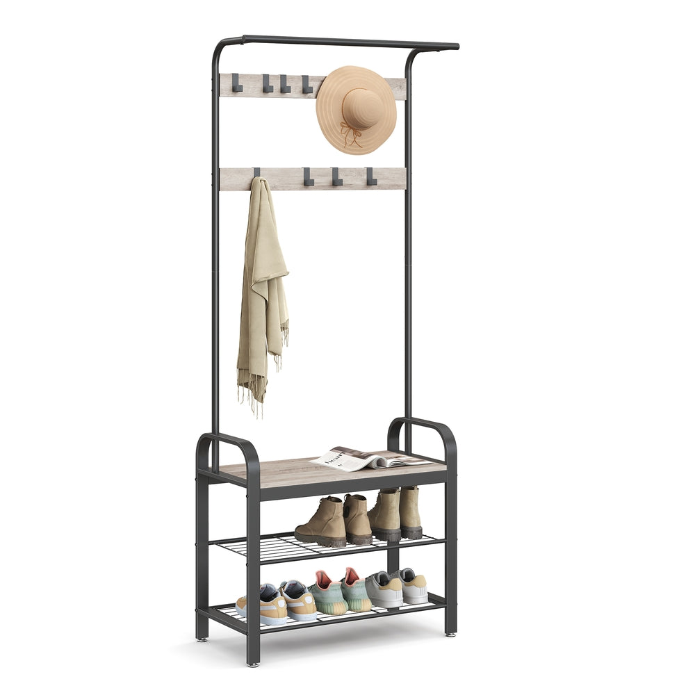 Coat Rack with Shoe Bench for Entryway - Greige, Black - 13.3"D x 28.3"W x 72.1"H