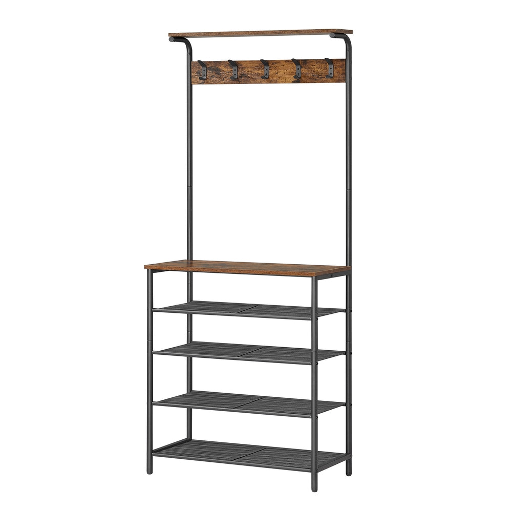 Hall Tree with Shoe Bench 5-Tier Shoe Rack 5 Dual Hooks Rustic Brown and Black - Rustic Brown, Black - 12.4”D x 26.8”W x 72.2”H