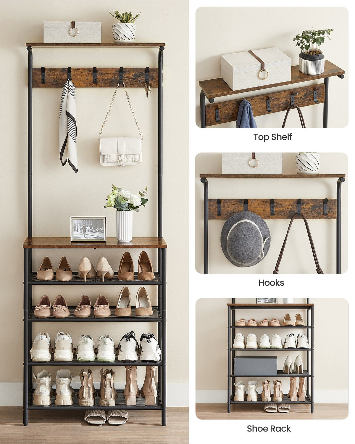 Hall Tree - Shoe Bench - 5-Tier Rack with 5 Dual Hooks - Rustic Brown and Black