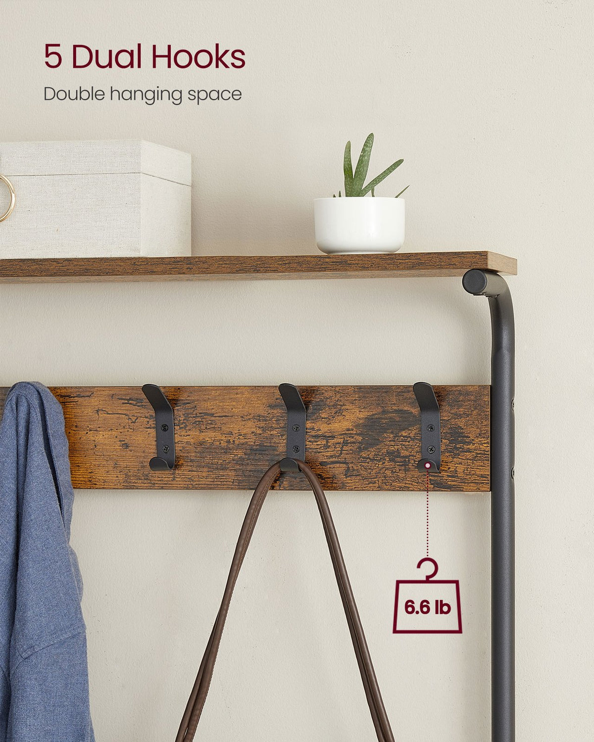 Hall Tree - Shoe Bench - 5-Tier Rack with 5 Dual Hooks - Rustic Brown and Black