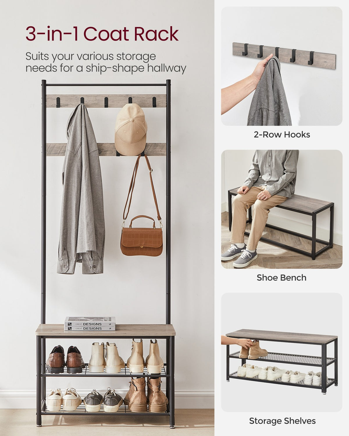 Coat Rack - Hall Tree with Shoe Storage Bench