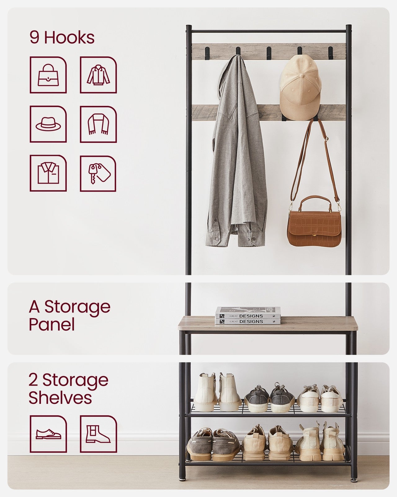 Coat Rack - Hall Tree with Shoe Storage Bench