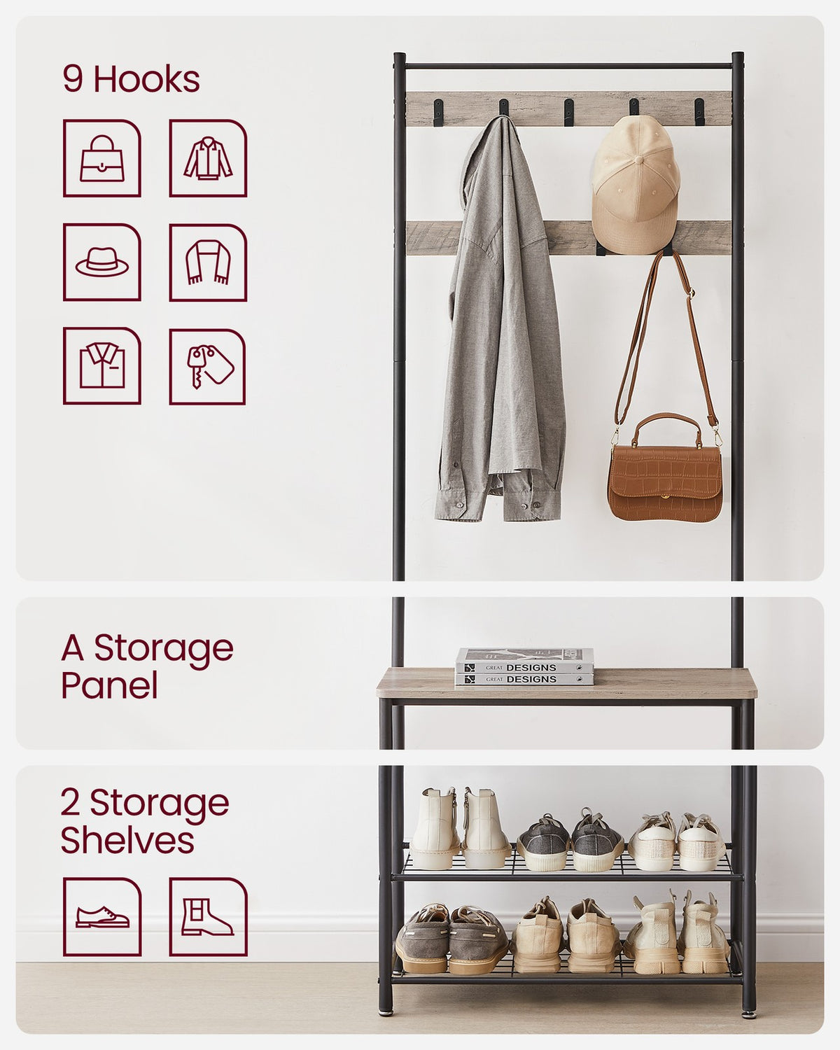 Coat Rack - Hall Tree with Shoe Storage Bench