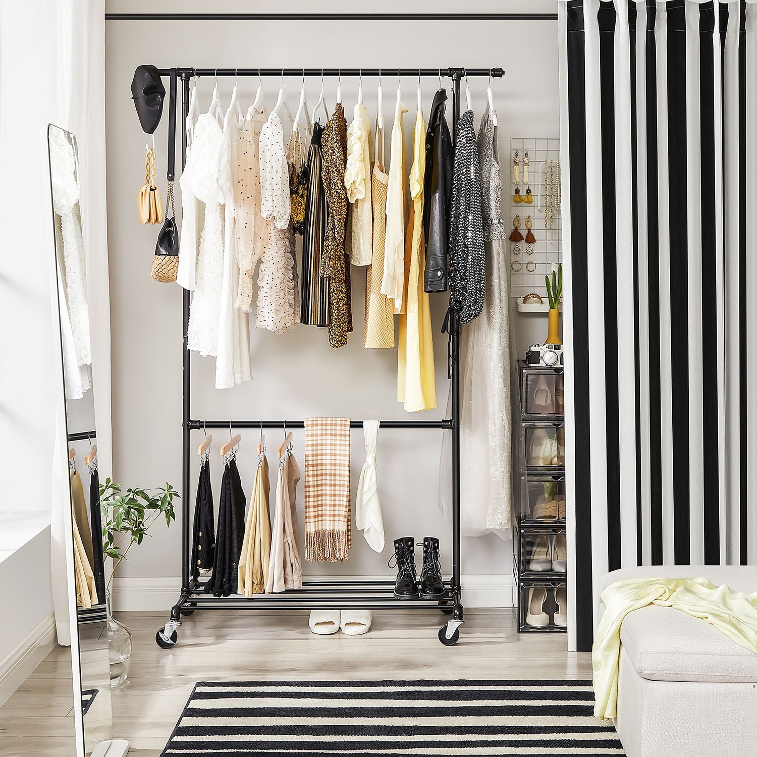 Industrial Double Rod Metal Clothing Rack on Wheels - Black