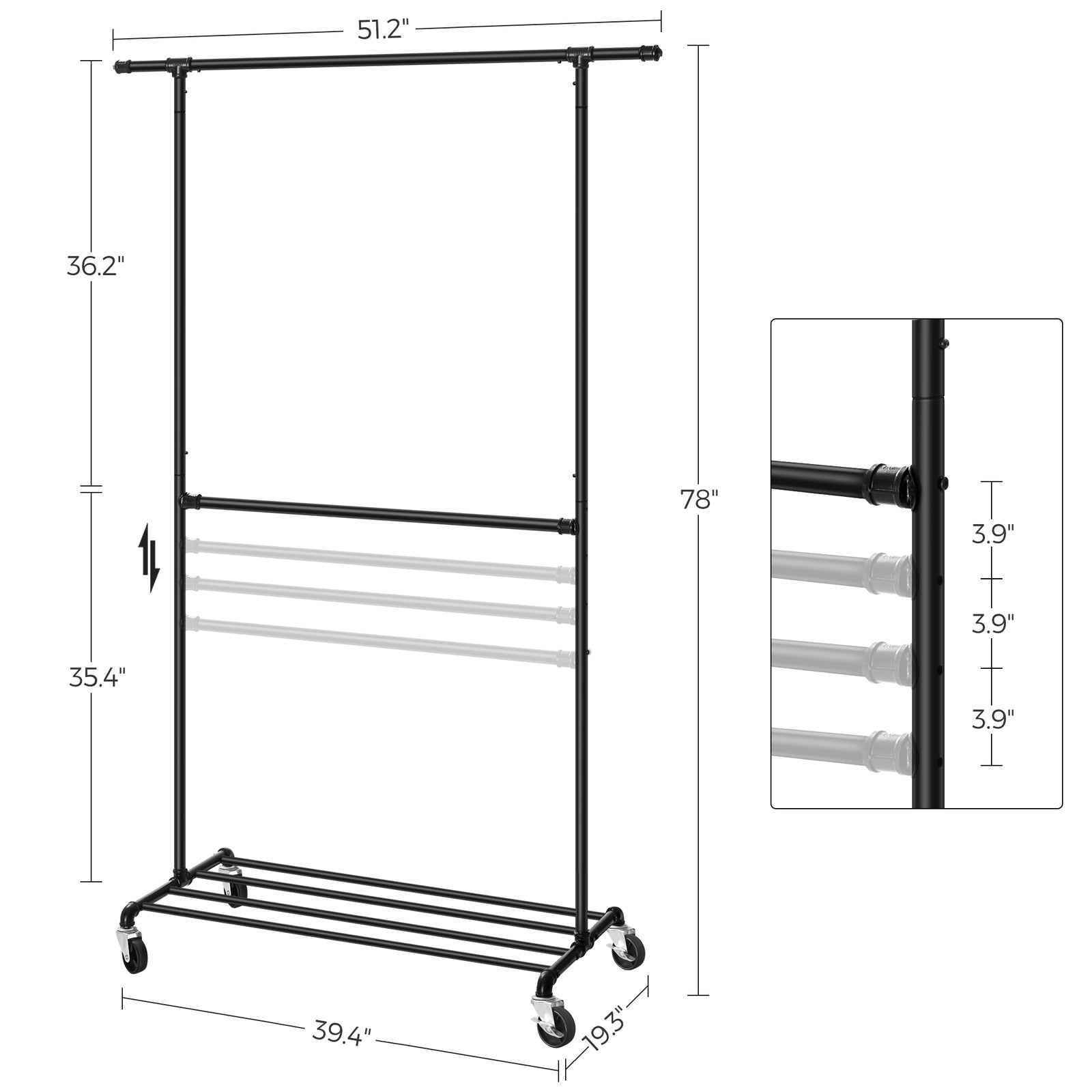 Industrial Double Rod Metal Clothing Rack on Wheels - Black