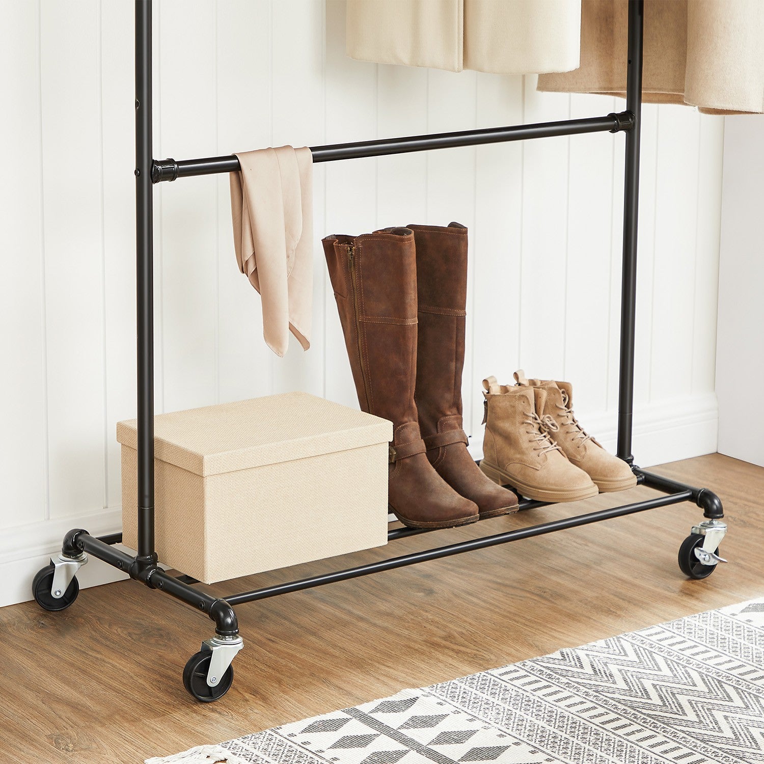 Industrial Double Rod Metal Clothing Rack on Wheels - Black