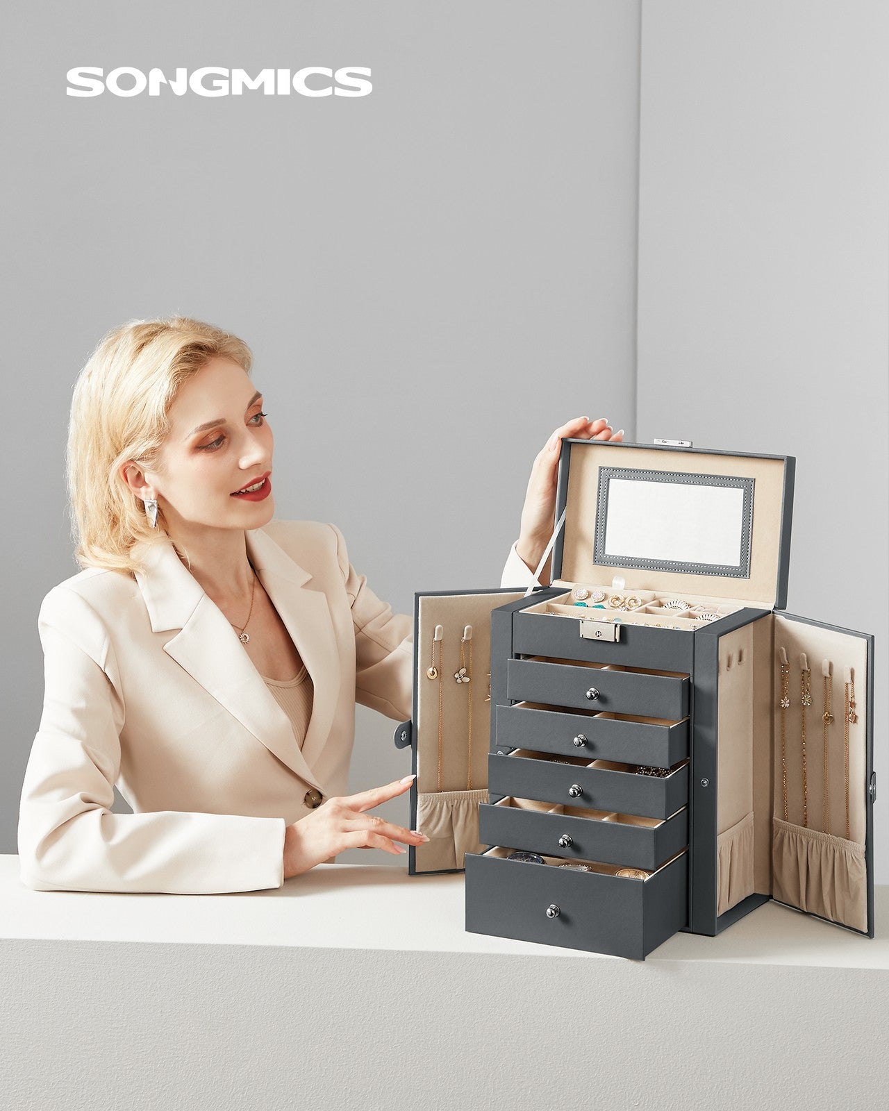 Grey Jewelry Storage Box with 6 Drawers - Gray