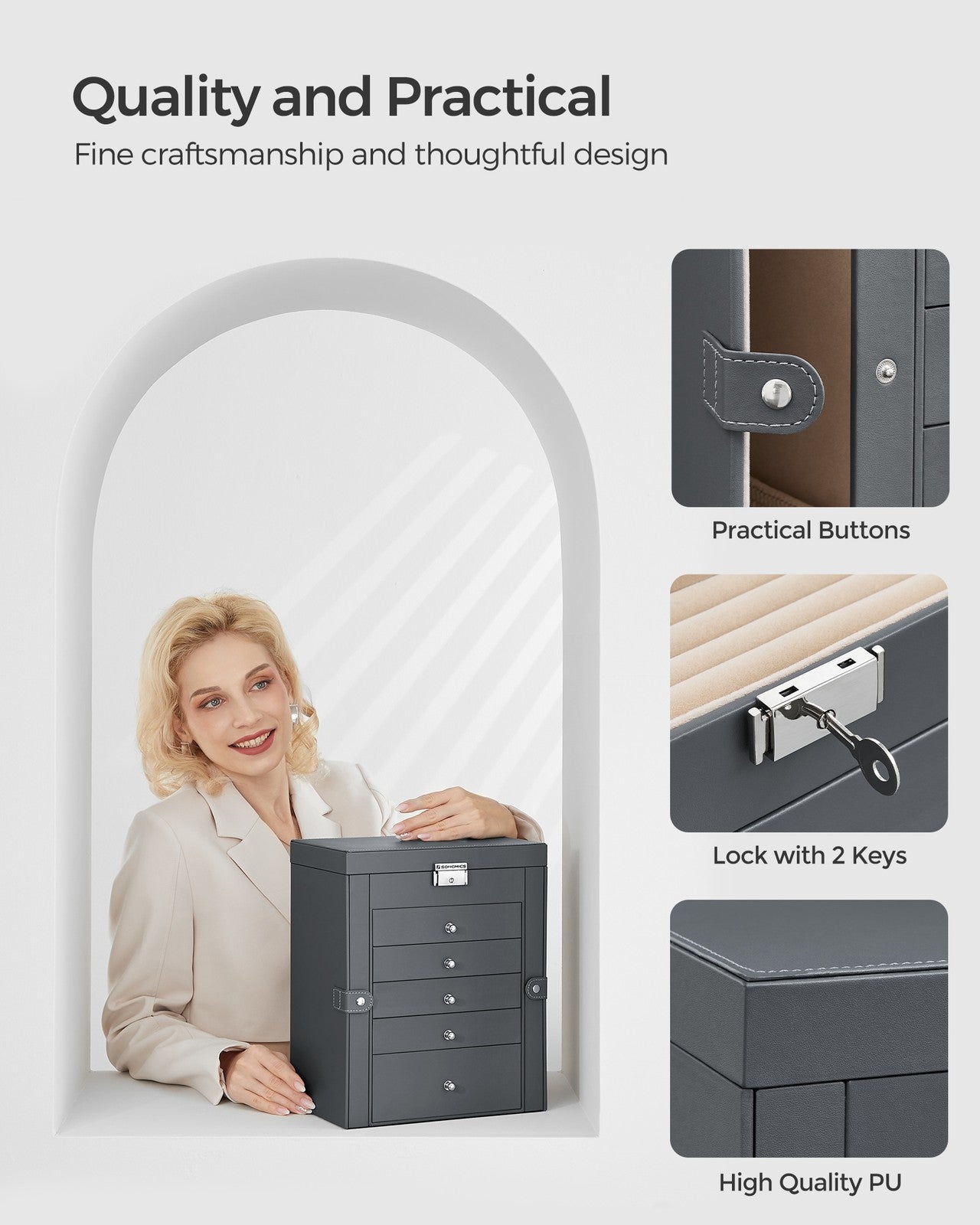 Grey Jewelry Storage Box with 6 Drawers - Gray