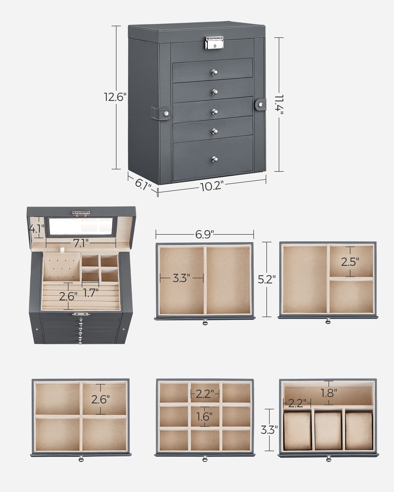 Grey Jewelry Storage Box with 6 Drawers - Gray