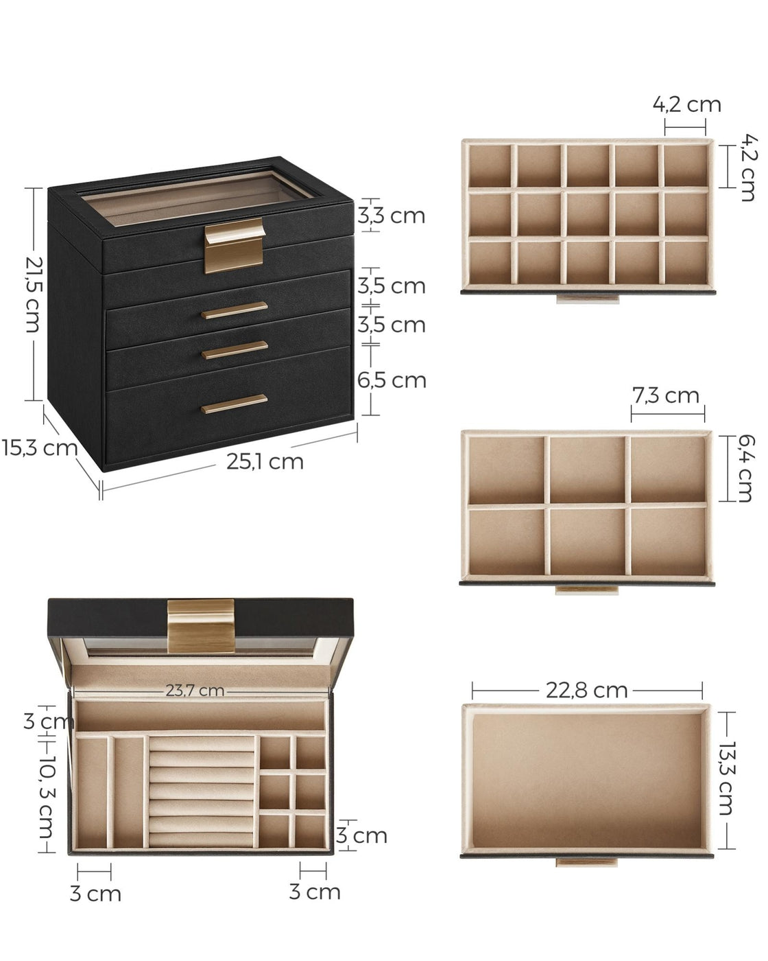 GISELLA Collection - 4-Layer Jewelry Box with Glass Lid for Big Jewelry Ink Black and Gold Color - Ink Black, Gold