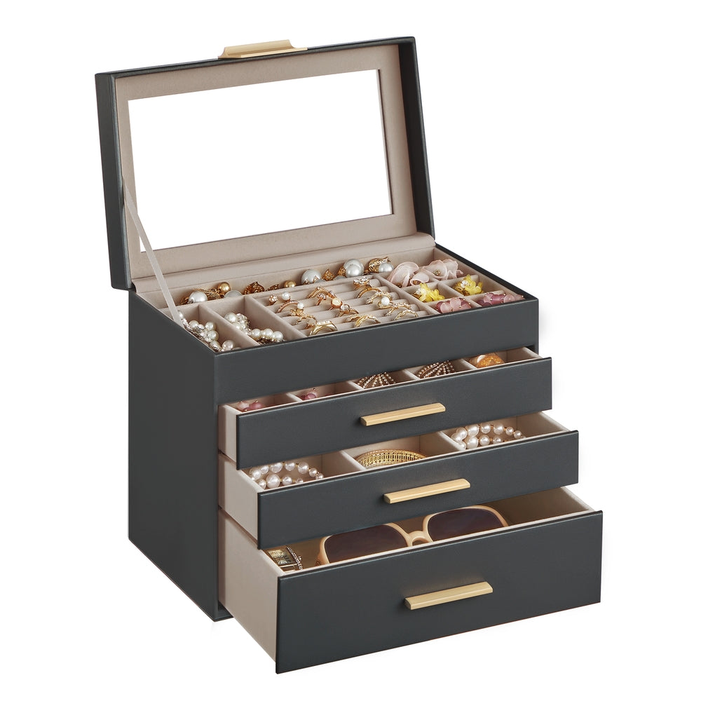 GISELLA Collection - 4-Layer Jewelry Box with Glass Lid for Big Jewelry Ink Black and Gold Color - Gray, Gold - 6"D x 9.9"W x 8.5"H