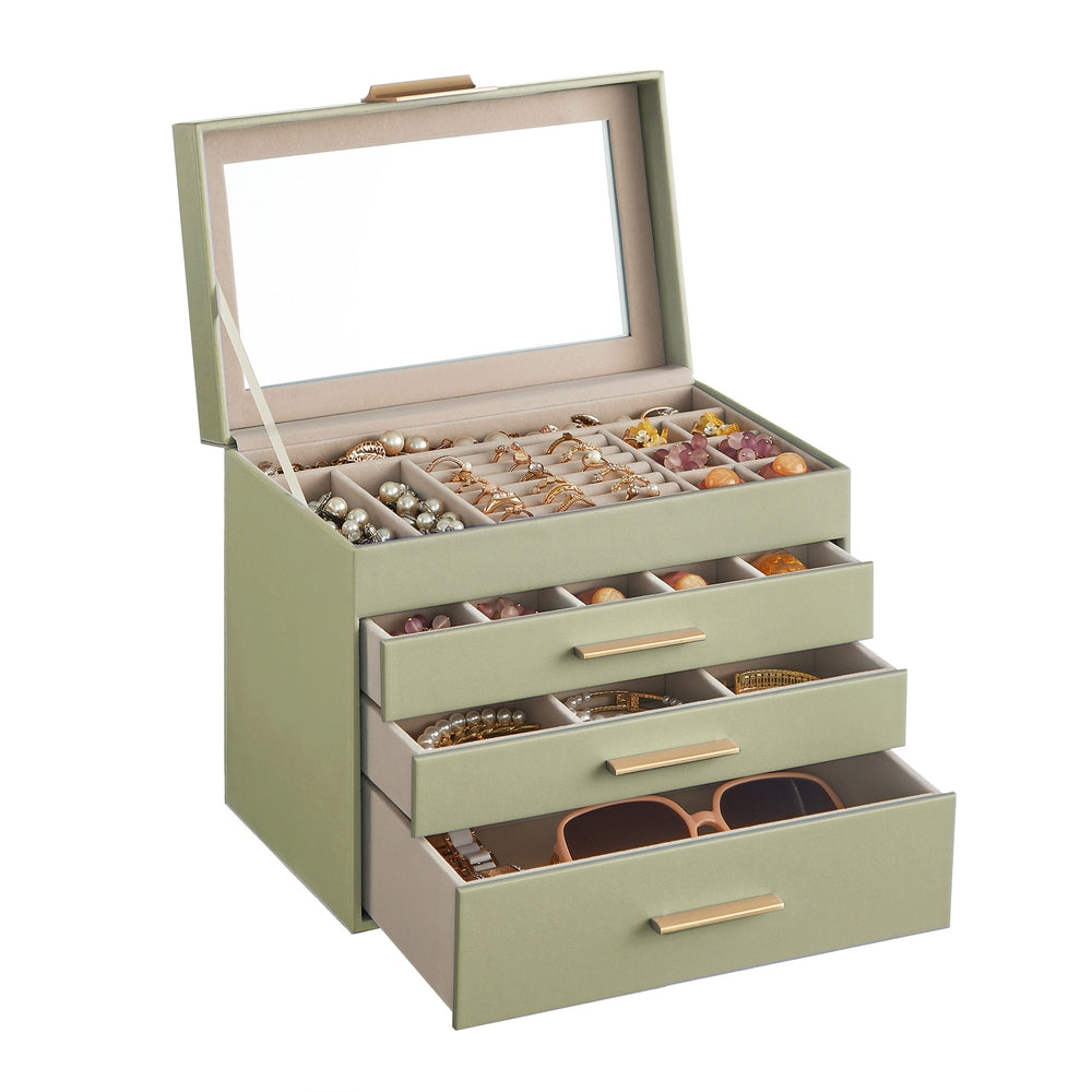 GISELLA Collection - 4-Layer Jewelry Box with Glass Lid for Big Jewelry Ink Black and Gold Color - Laurel Green - 6"D x 9.9"W x 8.5"H