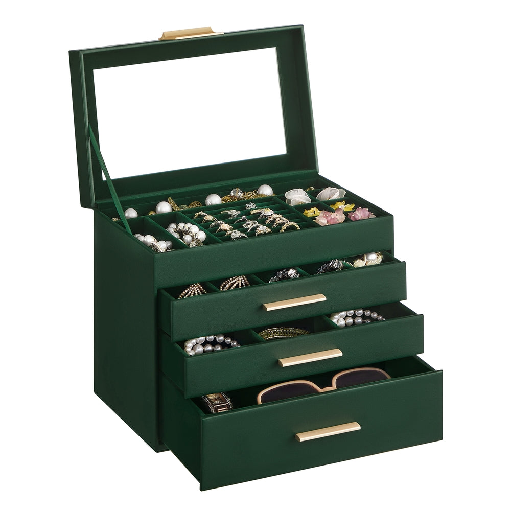 GISELLA Collection - 4-Layer Jewelry Box with Glass Lid for Big Jewelry Ink Black and Gold Color - Forest Green, Gold - 6"D x 9.9"W x 8.5"H