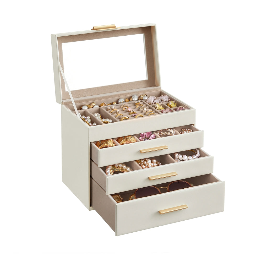 GISELLA Collection - 4-Layer Jewelry Box with Glass Lid for Big Jewelry Ink Black and Gold Color - Cloud White, Gold - 6’’D x 9.9’’W x 8.5’’H