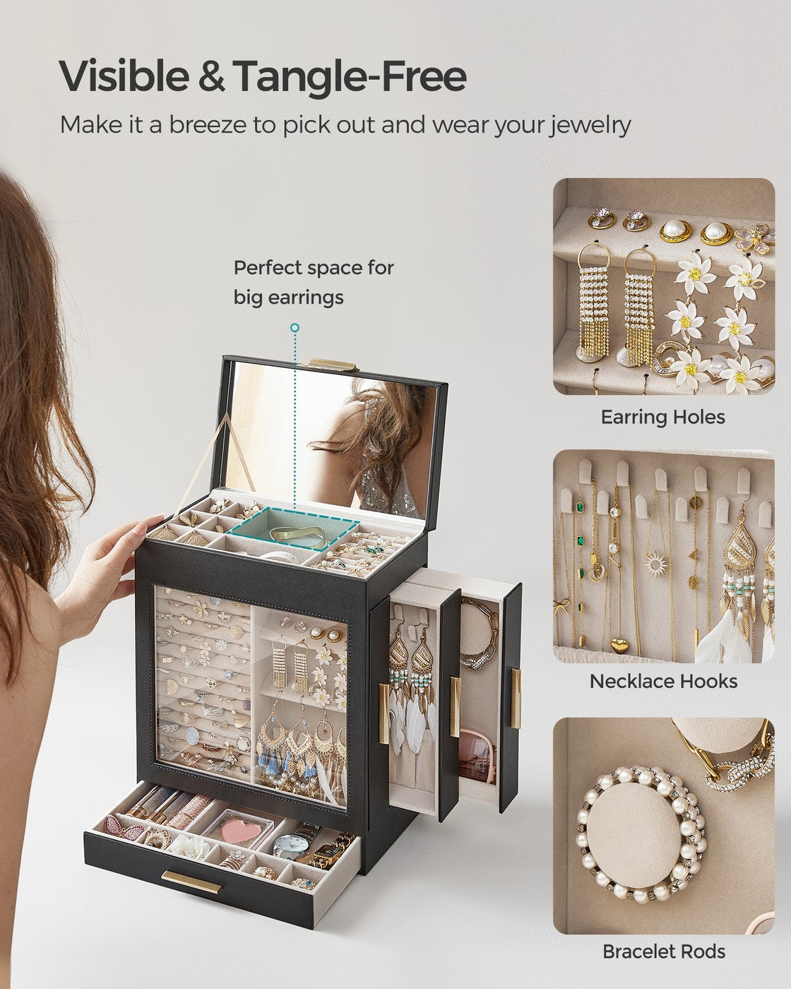 Jewelry Box - 5-Layer - Glass Window - 3 Side Drawers