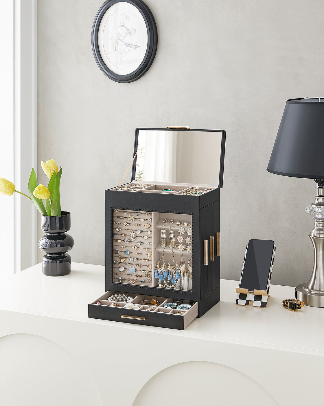 Jewelry Box - 5-Layer - Glass Window - 3 Side Drawers