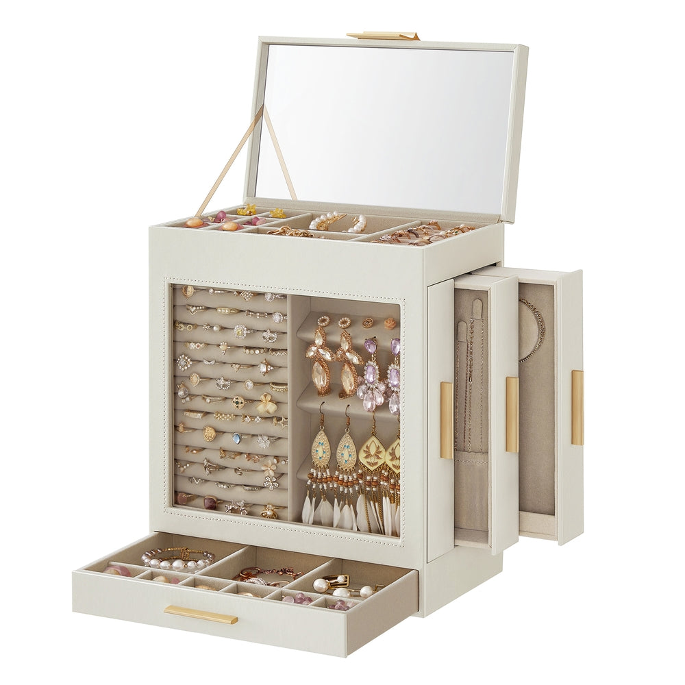 5-Layer Jewelry Organizer with 3 Side Drawers - Cloud White, Metallic Gold