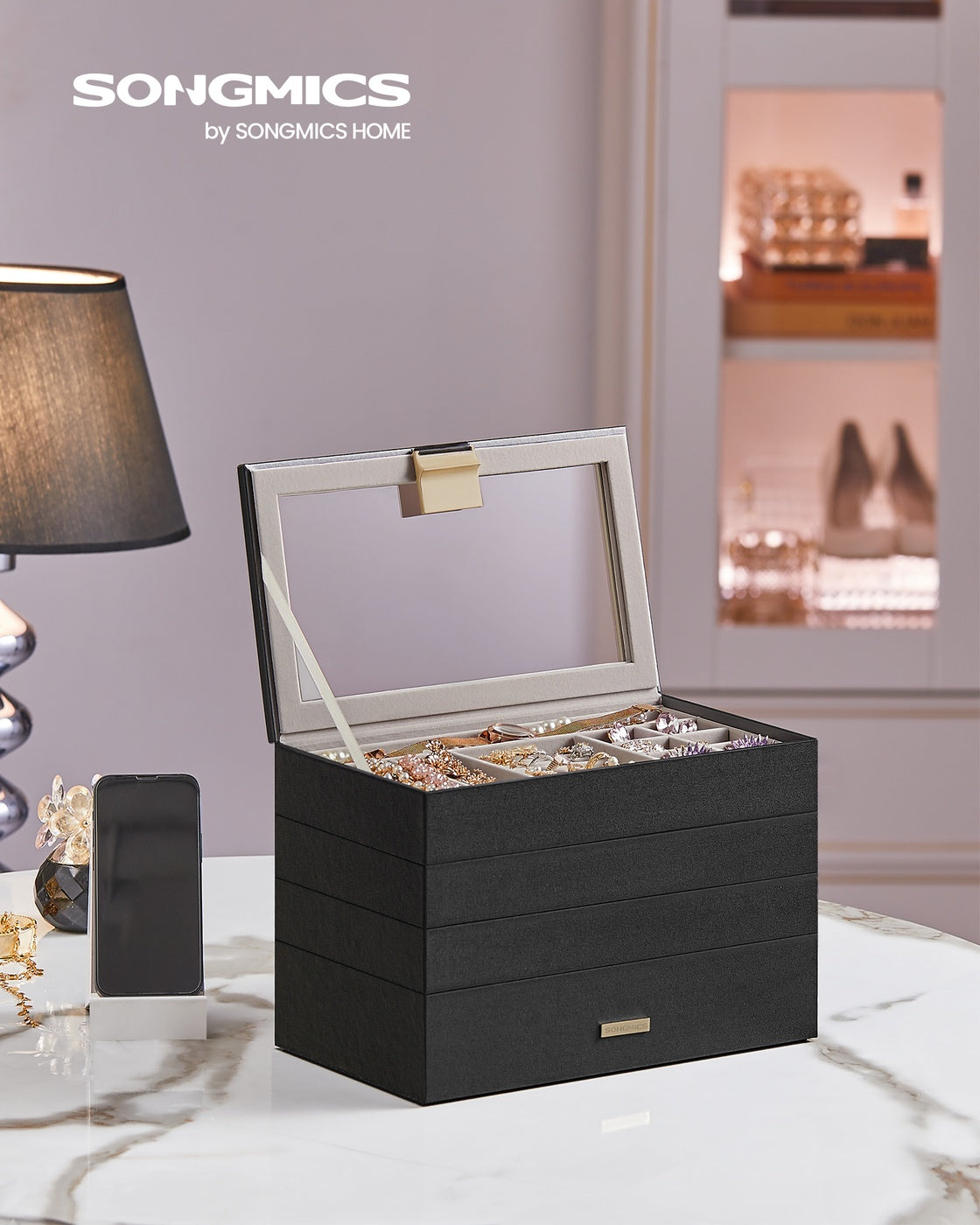 4-Tier Stackable Jewelry Trays with Glass Lid Ink Black - Ink Black