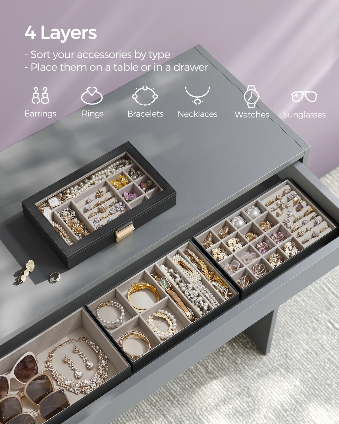 4-Tier Stackable Jewelry Trays with Glass Lid Ink Black - Ink Black