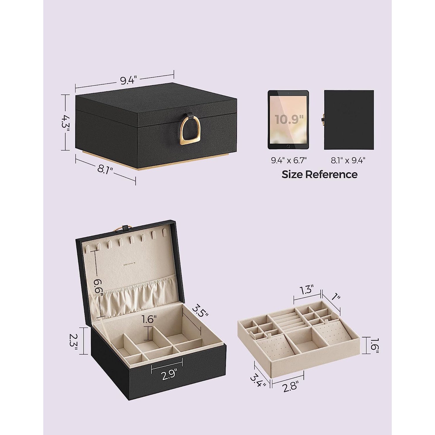 2-Layer Jewelry Box with Handle and Removable Jewelry Tray - Black