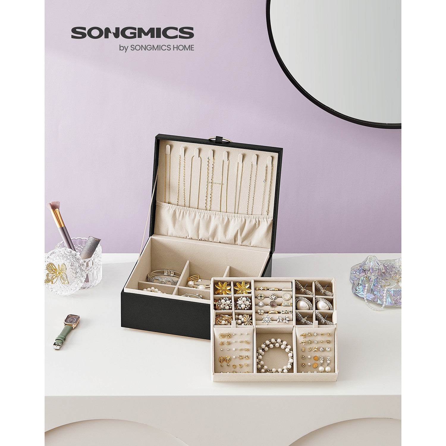 2-Layer Jewelry Box with Handle and Removable Jewelry Tray - Black