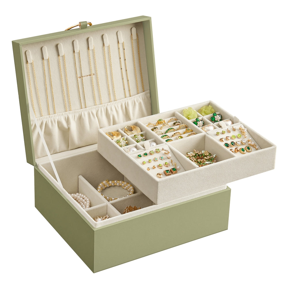 2-Layer Jewelry Box with Handle and Removable Jewelry Tray - Laurel Green
