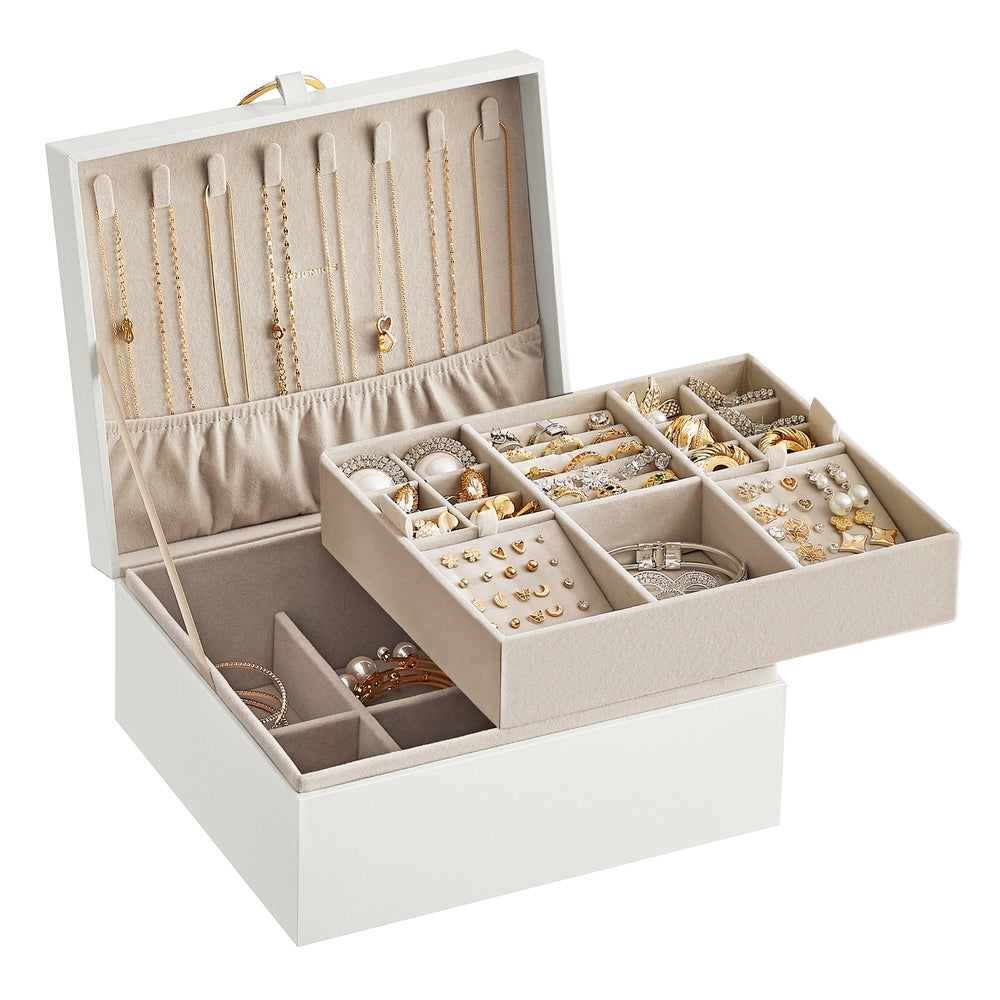 2-Layer Jewelry Box with Handle and Removable Jewelry Tray - White