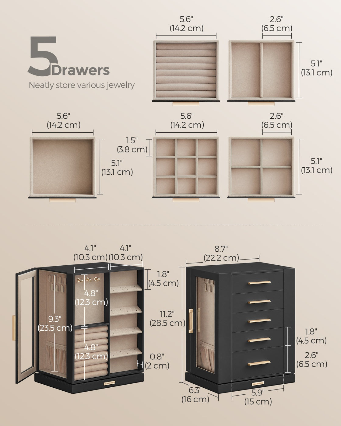 Jewelry Box 360° Rotating with 5 Drawers Graphite Black - Graphite Black