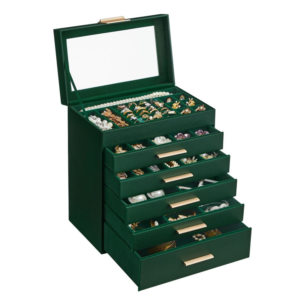 GISELLA Collection - 4-Layer Jewelry Box with Glass Lid for Big Jewelry Ink Black and Gold Color - Forest Green, Gold - 6.4"D x 9.9"W x 11.4"H