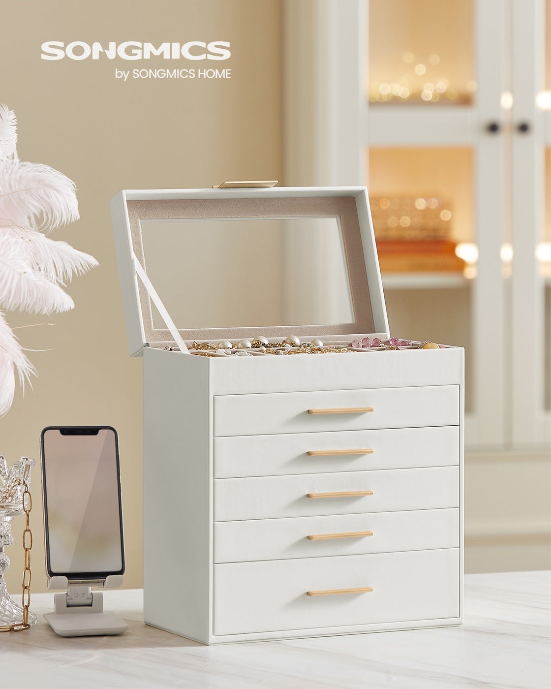 Jewelry Box - 4-Layer - Glass Lid - Metal Hardware - For Big Jewelry