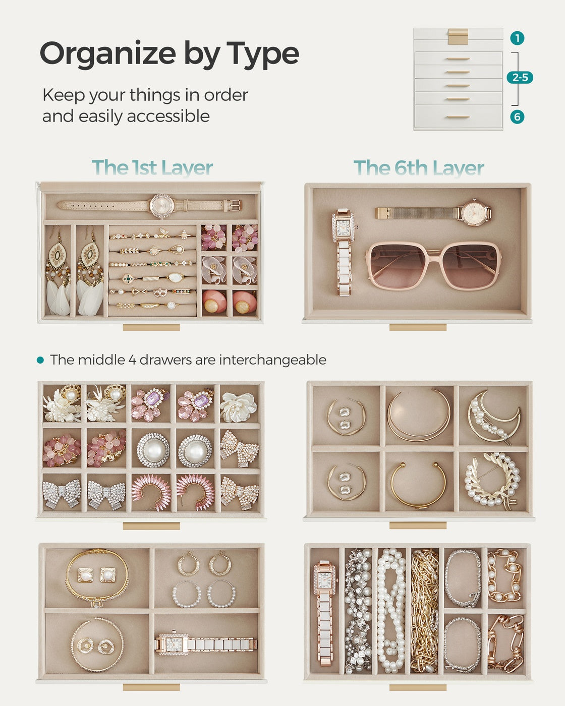 Jewelry Box - 4-Layer - Glass Lid - Metal Hardware - For Big Jewelry