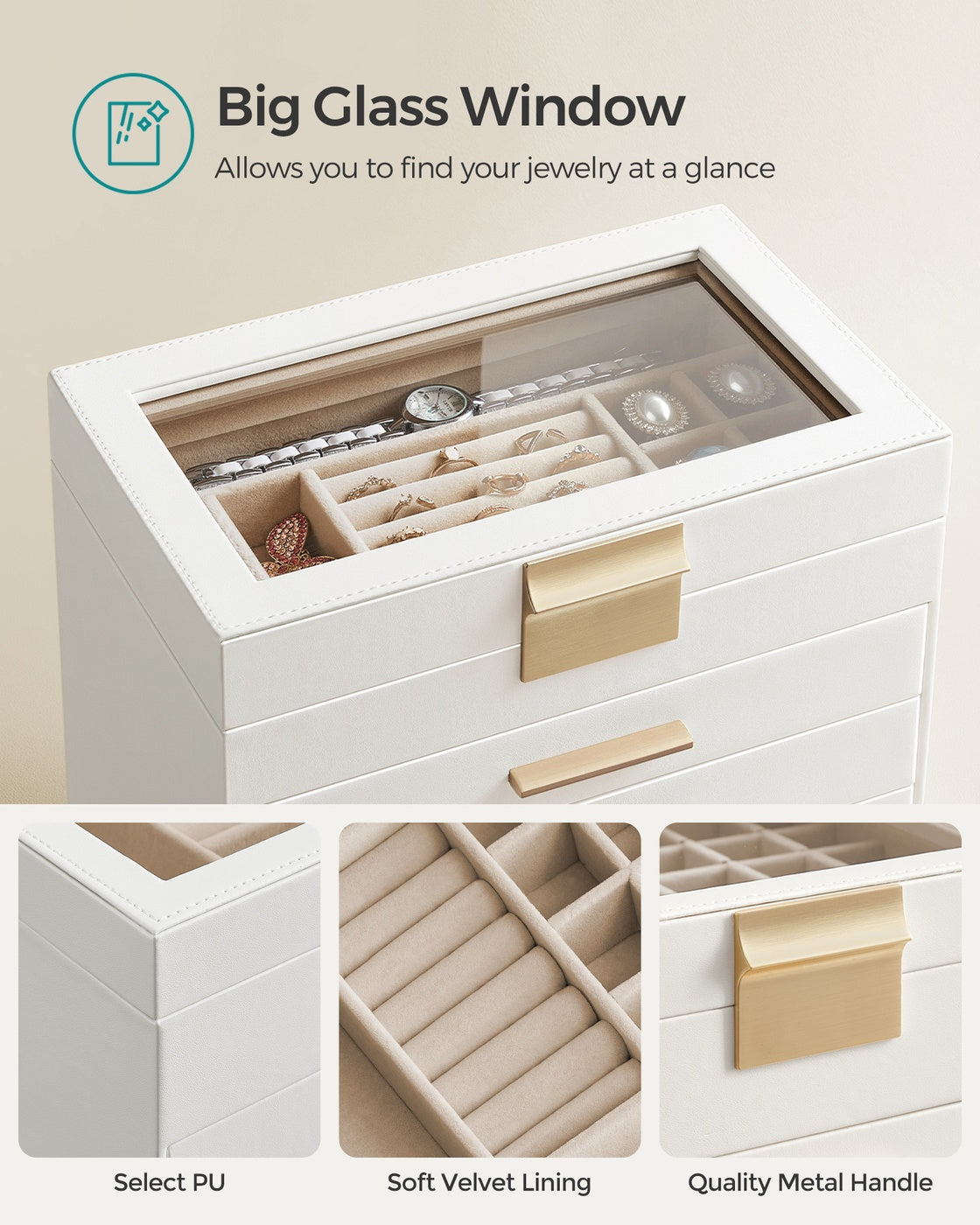 Jewelry Box - 4-Layer - Glass Lid - Metal Hardware - For Big Jewelry