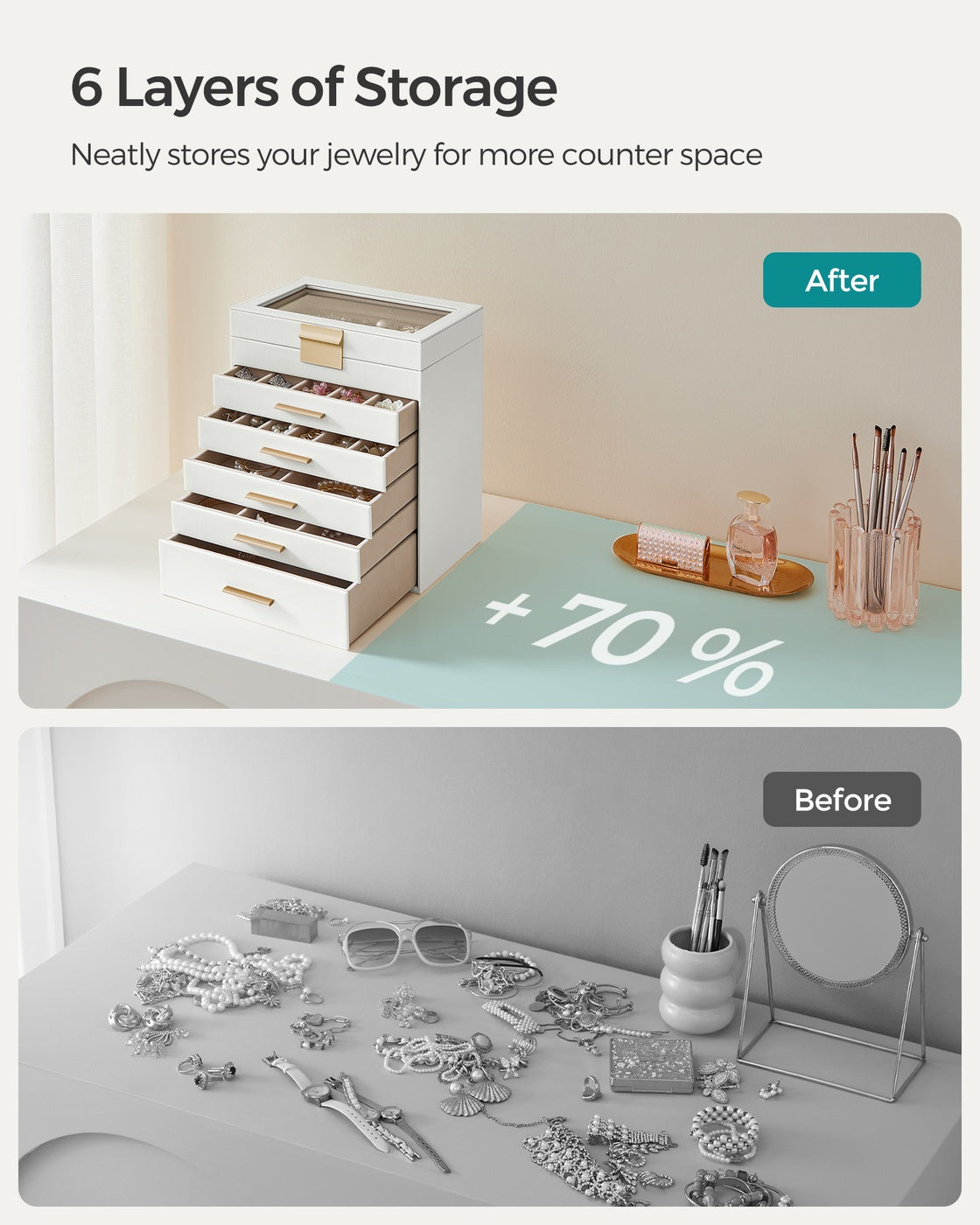 Jewelry Box - 4-Layer - Glass Lid - Metal Hardware - For Big Jewelry