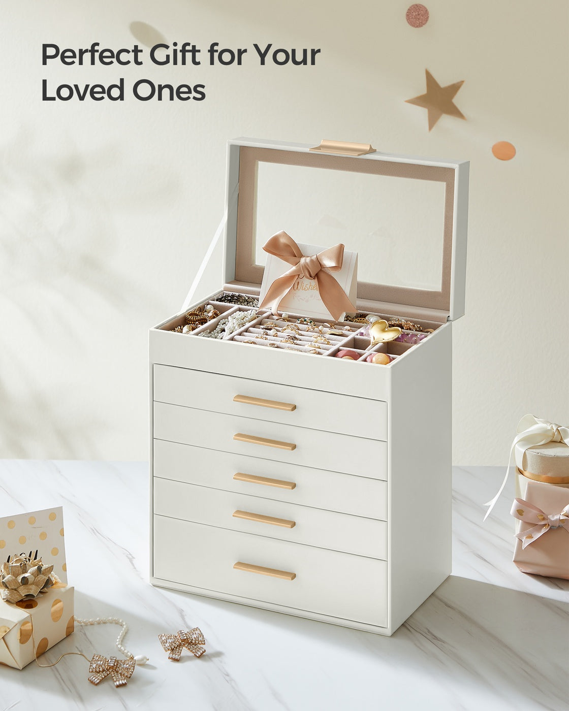Jewelry Box - 4-Layer - Glass Lid - Metal Hardware - For Big Jewelry
