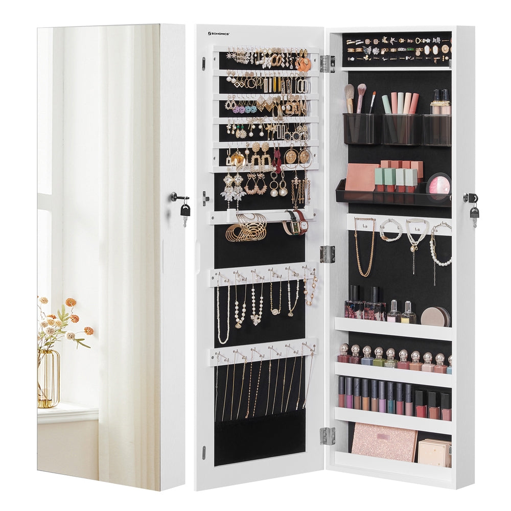 White Wall-Mounted Jewelry Armoire with Mirror - Brown