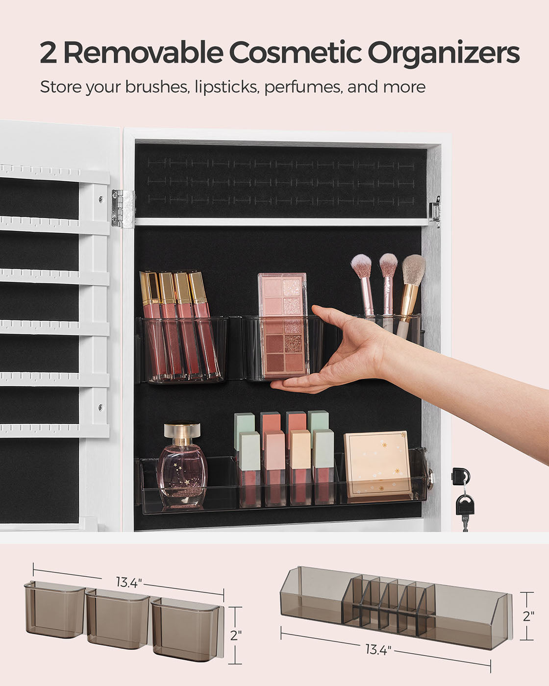 White Wall-Mounted Jewelry Armoire with Mirror - Brown