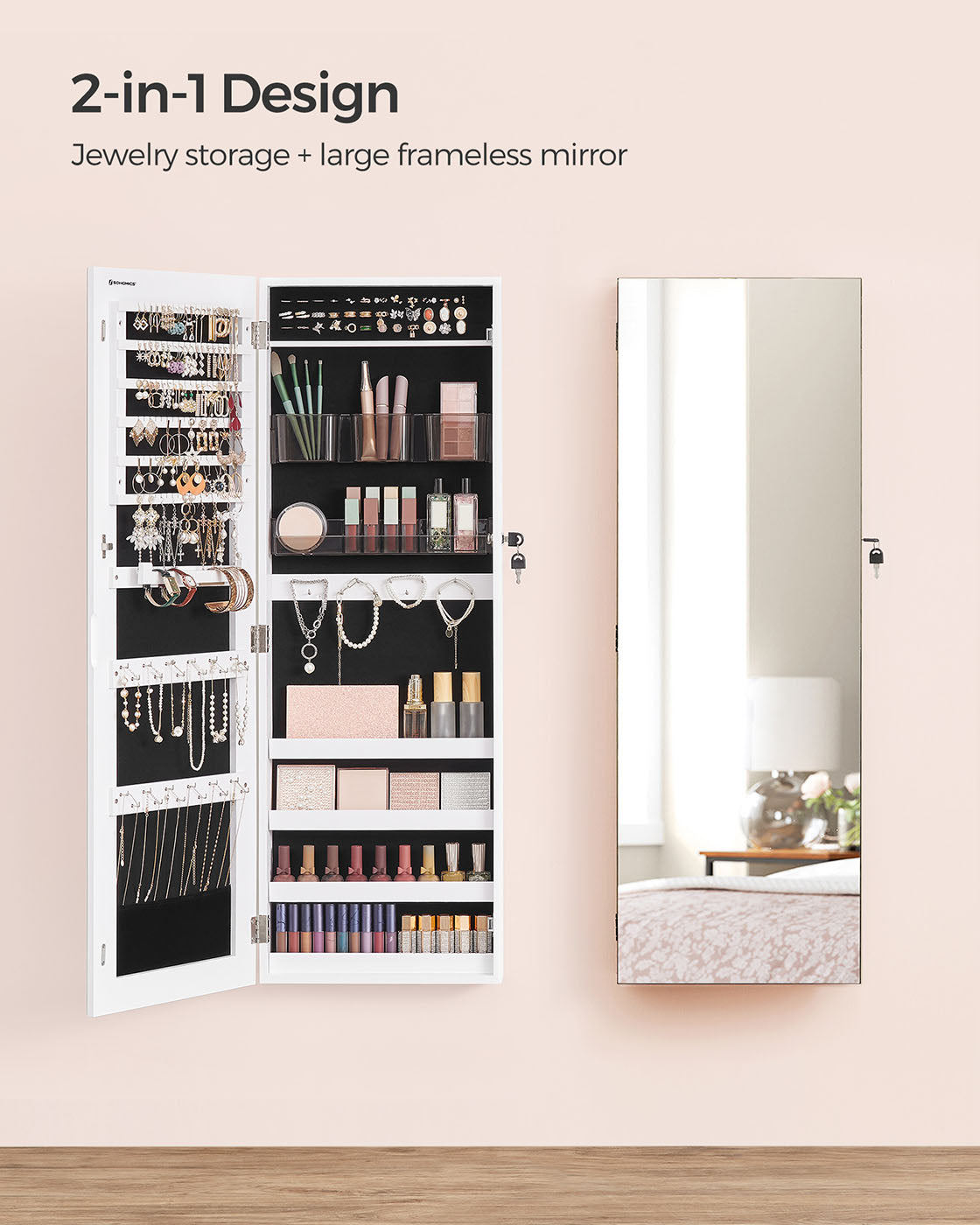 White Wall-Mounted Jewelry Armoire with Mirror - Brown