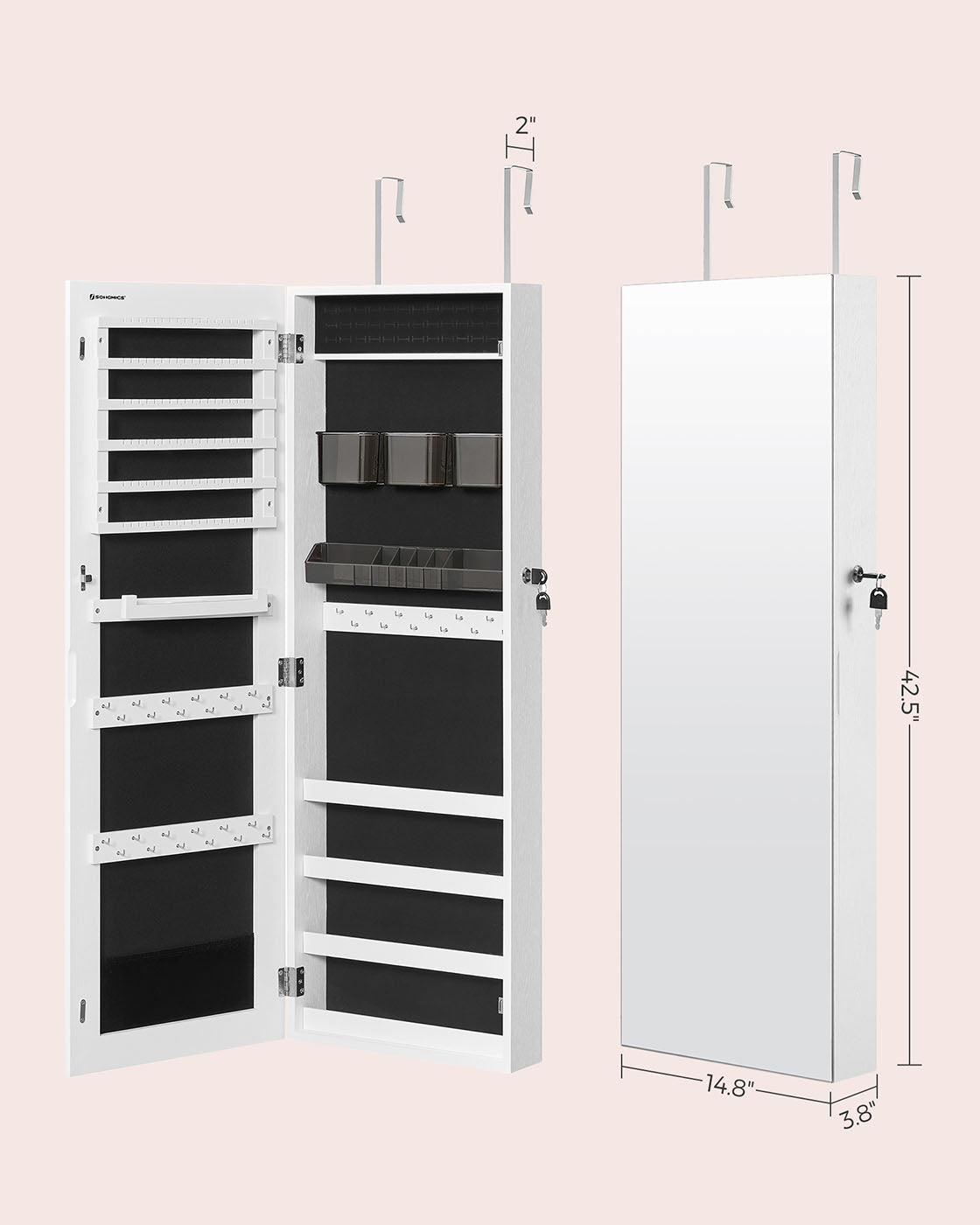 White Wall-Mounted Jewelry Armoire with Mirror - Brown