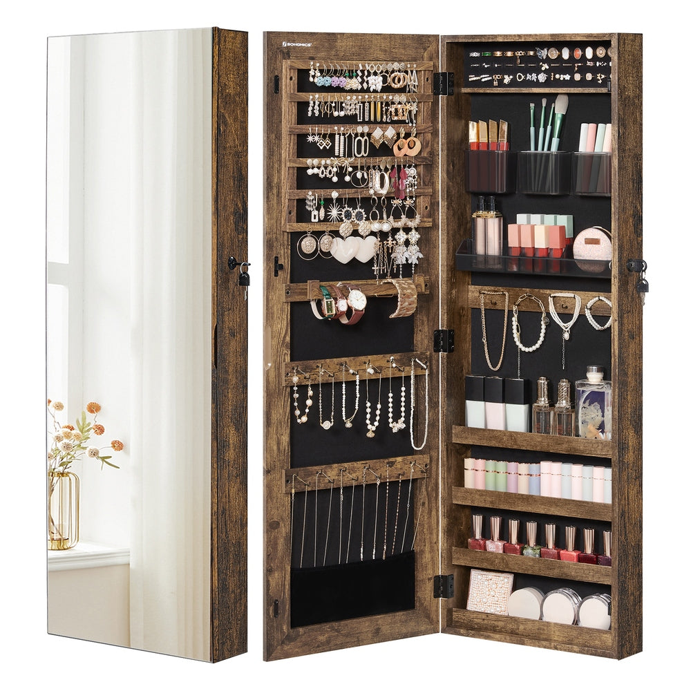 White Wall-Mounted Jewelry Armoire with Mirror - Rustic Brown
