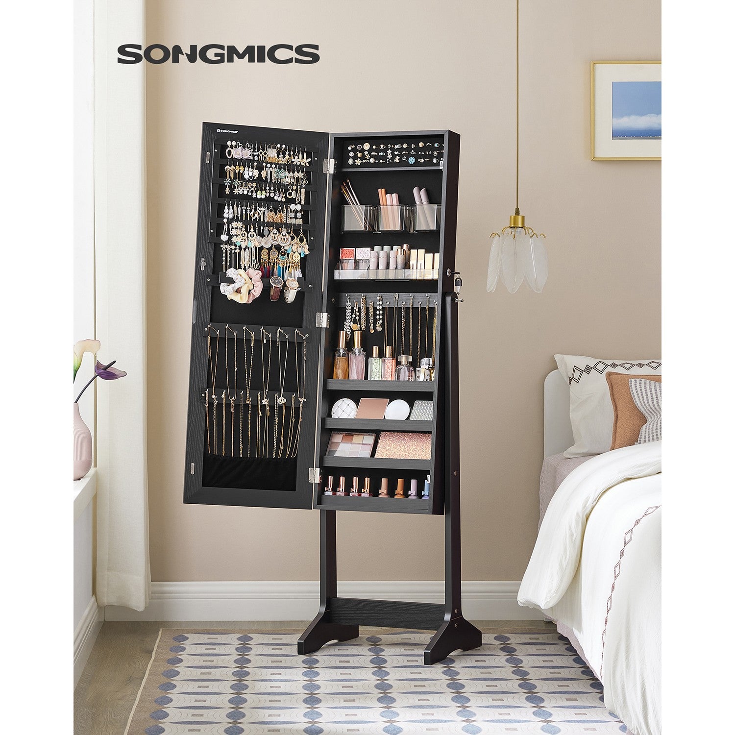 Freestanding Jewelry Cabinet Armoire with Mirror - Black