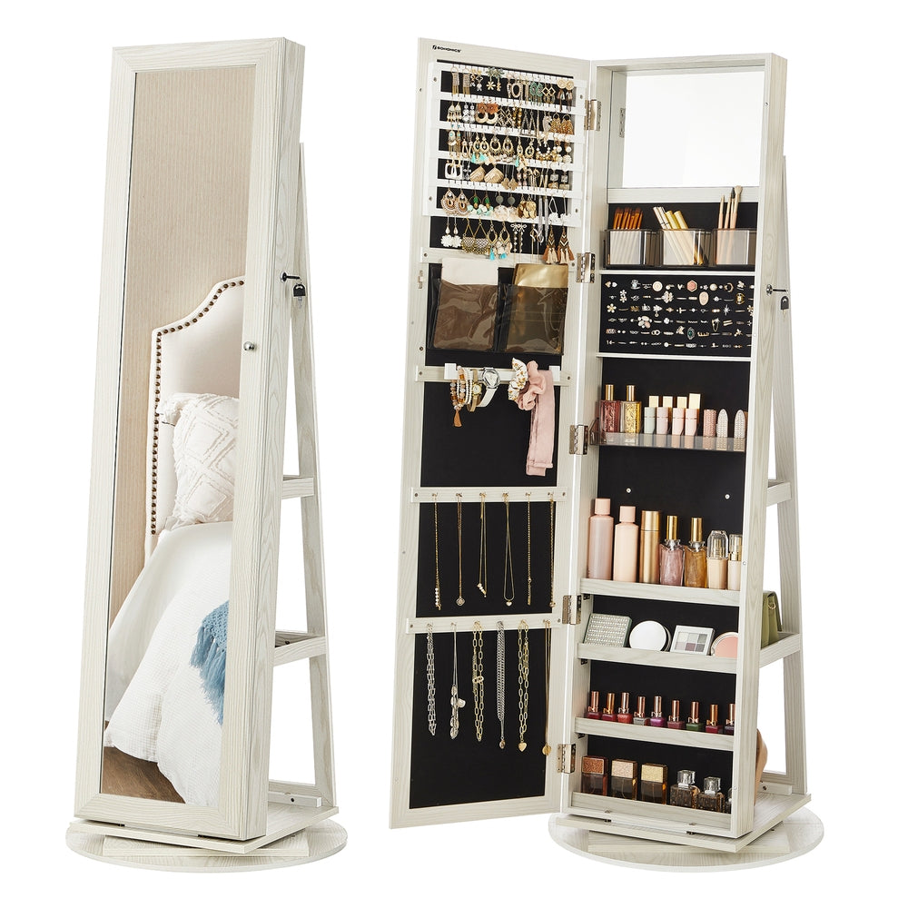 Lockable Jewelry Organizer with Full-Length Mirror - White with Gray Wood Grain