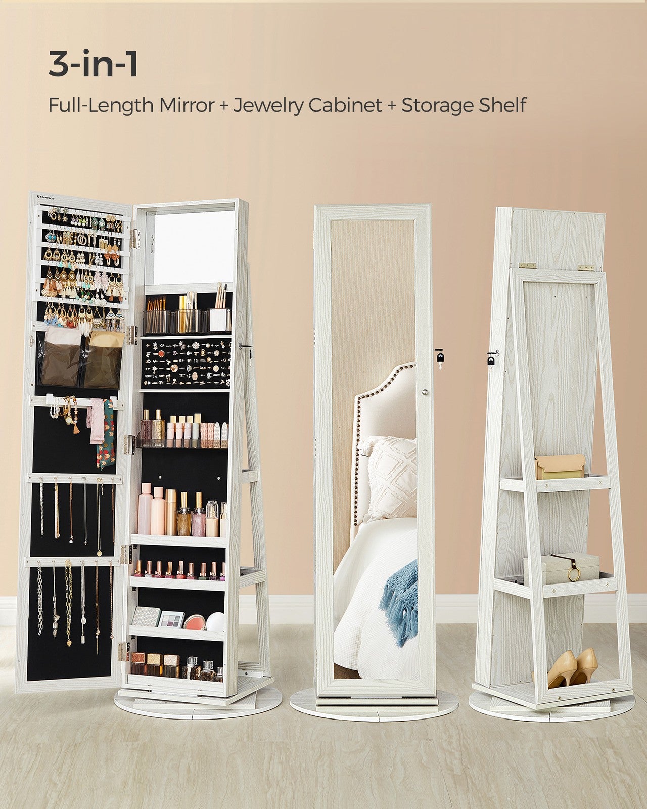 Lockable Jewelry Organizer with Full-Length Mirror - White with Gray Wood Grain